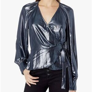 Parker Metallic Wrap Peplum Blouse MEDIUM Blue Balloon Sleeve V Neck Party